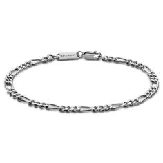 * 925s sterling silver construction
 * Rhodium plated for scratch and tarnish resistance Silver Figaro Chain, Anchor Bracelet, Wide Bracelet, Figaro Chain, Engraved Bracelet, Leather Cuffs Bracelet, Bracelet Collection, Colorful Bracelets, Steel Bracelet