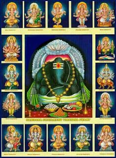 an image of lord ganesha with many different avatars in the frame and colors