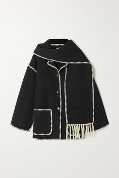 Dark gray Draped fringed wool-blend jacket | TOTÊME | NET-A-PORTER Scarf Jacket, Embroidered Coat, Coat Trends, Embroidered Wool, Wool Blend Jacket, Mode Inspo, Casual Jacket, Gray Jacket, Casual Outfit