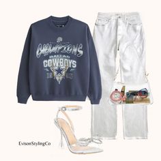 a pair of white jeans and a sweatshirt with the cowboys logo on it is shown