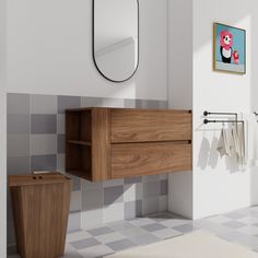 a bathroom with a sink, mirror and hanging clothes on the wall next to it