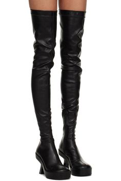 Black Leather Over-The-Knee Boots by Versace on Sale Black Leather Over-the-knee Heeled Boots, Modern Leather Thigh High Heeled Boots, Modern Thigh High Leather Heeled Boots, Modern Thigh-high Leather Heeled Boots, Black Leather Over-the-knee Platform Boots, Black Over-the-knee Leather Platform Boots, Sleek Leather Over-the-knee Boots, Leather Over The Knee Platform Boots For Evening, Sleek Black Knee-high Boots