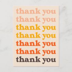 a thank card with the words thank you in orange, yellow and pink on it