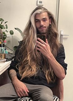 Punk Long Hair Men, White Men Hairstyles Long Hair, Guys With Long Dyed Hair, Blonde Long Haired Men, Guys With Long Hair And Tattoos, Long Guys Hair, Men With Very Long Hair, Long Haired Dudes, Long Haired Guys Aesthetic