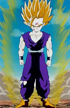 the dragon ball character is standing in front of a blue sky with clouds and green grass