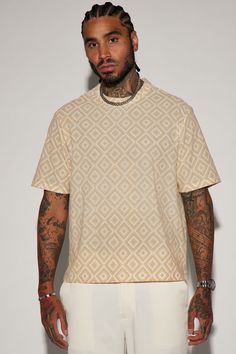 Available In Cream. Crew Neck Short Sleeve Flocked Texture 92% Polyester, 8% Spandex Imported | Mens Infinite Lives Geometric Short Sleeve Crew Tee Shirt in Cream size 3XL by Fashion Nova Cream Fashion, Mens Tees, Fashion Nova, Tee Shirt, Short Sleeves Tops, Tee Shirts, Crew Neck, Top Outfits, Spandex