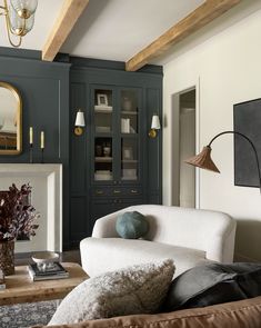 a living room filled with furniture and a fire place in front of a book shelf