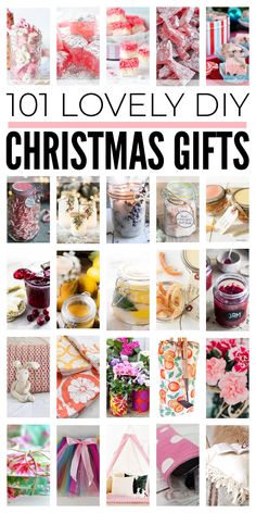 the words 101 lovely diy christmas gifts are shown in many different styles and colors