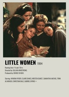 an advertisement for the film little women, with four girls looking at a book together