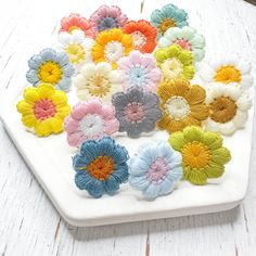 a white plate topped with lots of different colored flowers