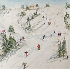 a painting of people skiing down a snowy hill