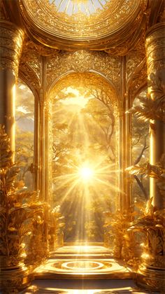 the sun shines brightly through an ornate golden archway in front of trees and bushes