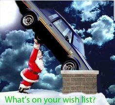 a car is on top of a chimney with santa claus's feet in the air