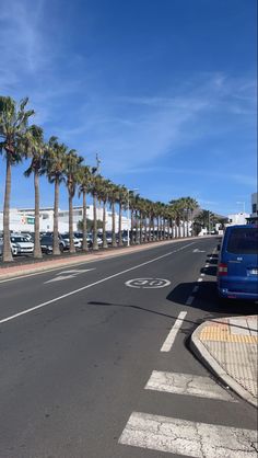 a blue van parked on the side of a road next to tall palm tree lined street