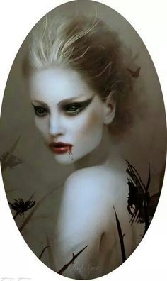 a painting of a woman with dark makeup