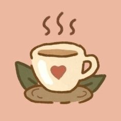 a cup of coffee with a heart on the top and green leaves around it's edge