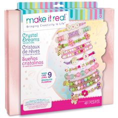 a package of bracelets with colorful beads and flowers on the front, in pink packaging