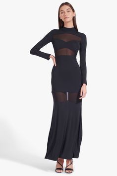 A slinky jersey gown with sheer mesh inserts, the Falcon Dress features a mock neck collar and long sleeves. Rosy Dress, The Falcon, Full Length Gowns, Maxi Shirts, Bubble Dress, Maxi Shirt Dress, Satin Slip, Neck Collar, Dress Black