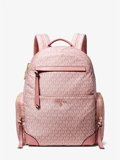 Prescott Large Signature Logo Print Woven Backpack | Michael Kors Modern Travel Backpack With Logo, Michael Kors Backpack For On-the-go, Michael Kors Travel Backpack With Logo, Trendy Travel Backpack With Logo, Michael Kors Casual Backpack With Zipper Closure, Casual Michael Kors Backpack With Zipper Closure, Michael Kors Backpack With Zipper Closure For On-the-go, Michael Kors Travel Bag With Zipper Pocket, Michael Kors Standard Backpack For On-the-go