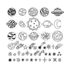 hand drawn planets and stars on white background with space symbols in doodle style for coloring