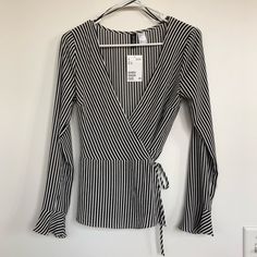 Long Sleeve Vneck Wrap Shirt. New With Tags H&m V-neck Tops For Day Out, H&m V-neck Top For Brunch, Chic H&m Tops For Brunch, Striped Long Sleeve Tops From H&m, H&m V-neck Blouse For Spring, Chic H&m V-neck Blouse, Elegant H&m Tops For Brunch, Wrap Shirt, Tops Black