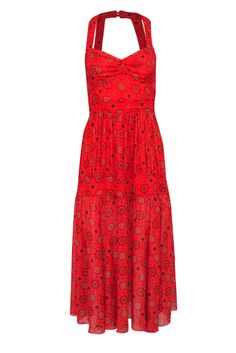 Current Boutique-Marissa Webb - Red Bohemian Print Tiered Maxi Dress w/ Back Cutout Sz XS Red Tiered Midi Dress For Summer, Red Flowy Tiered Midi Dress, Red Tiered Maxi Dress For Vacation, Red Tiered Maxi Dress For Summer, Flowy Red Tiered Midi Dress, Casual Red Printed Maxi Dress, Red Viscose Beach Dress, Red Tiered Maxi Dress With Floral Print, Red Floral Print Tiered Maxi Dress