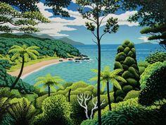 a painting of trees, water and beach in the background with blue sky above it