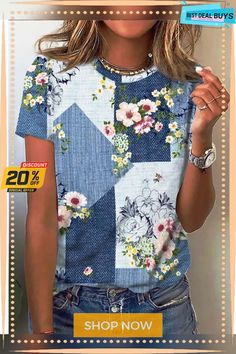 Women's T Shirt Tee Rainbow Floral Patchwork Print Short Sleeve Casual Daily Basic Round Neck Regular S Cheap Clothing, Printed Casual Dresses, Women's Outfits By Occasions, Floral Patchwork, Patchwork Print, Bracelet Design, Blouse Material, Women T Shirts, T Shirt Vest