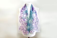 Crocus scarf is a hand painted silk accessory in purple and violet colors for Mother's Day or fourth anniversary gift. Size: 49 by 11 inches Silk: pure silk Habotai Light, semi transparent and a bit glossyThe pattern is visible equally on both sides, it is semi translucent and a bit glossy. Made to order in 3 days! I can gift-wrap it for you, add a personalized note or a gift box. To every of my scarfs I am attaching a card with my name, date of painting and scarf name and the second card with c Handmade Purple Scarves As Gifts, Purple Silk Scarf As A Gift, Elegant Purple Scarf For Gift, Handmade Purple Scarves For Gifts, Elegant Hand Painted Silk Scarf For Spring, Artistic Purple Silk Scarf Gift, Elegant Purple Silk Scarf, White Silk Scarf, Artful Hand-painted Multicolor Silk Scarf