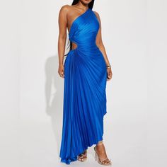 Light Satin Flowy Dress. No Stretch. One Shoulder. Cut Out Style On The Side. Royal Blue Summer Dress, Blue Flowy Dress, One Shoulder Maxi Dress, Sage Wedding, Disney Fairy, One Shoulder Midi Dress, Dress One Shoulder, Fashion Goals, Royal Blue Dress