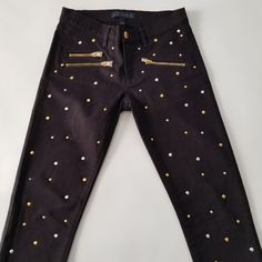 Nwot Juicy Couture Black Denim Jeans With Gold/Silver Studs Detail On Front/Back Pockets & One Diamond Stud Beside Front Zip Pocket ||| Metal Juicy Accent On Upper Right Back Pocket ||| Three Front Zip Pockets ||| 2 Studs Missing From Right Back Pocket ||| Black Denim Jeans For Party, Juicy Couture Black, Black Denim Jeans, Diamond Stud, Silver Studs, Diamond Studs, Colored Jeans, Black Denim, Juicy Couture