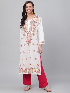 White Lucknowi Kurta, Kurti Dress, Lucknowi Chikankari, Embroidered Kurti, Kurta Dress, Kurti Collection, Cotton Slip, Sketches Dresses, Ethnic Looks