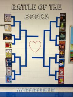 a bulletin board with books on it that says battle of the books and has a heart