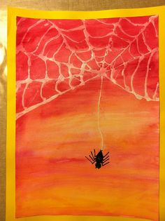 a spider on a web in the middle of an orange and yellow painting with red background