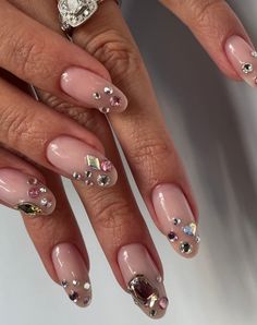 Nail Inspiration Diamond, Natural Nails With Pearls, Gold And Silver Nail Art, French Nails With Crystals, Almond Nails With Gems Rhinestones, Jeweled Nails Designs, Clear Nails With Gems, Birthday Nails Capricorn, Nails Rhinestones Design