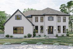 this is a computer rendering of the front elevation of a house with two stories and lots of windows