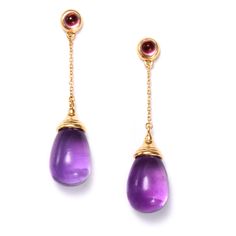 18 karat yellow gold Gemstone drops 20 carats plus Rubellite tops 1 carat approx. Post backs for pierced ears Luxury Amethyst Teardrop Earrings, Amethyst Gemstone Earrings For Formal Occasions, Formal Yellow Gold Earrings With Gemstone Accents, Formal Amethyst Gemstone Earrings, Amethyst Briolette Earrings For Formal Occasions, Formal Briolette Earrings With Gemstone Accents, Formal Amethyst Briolette Earrings, Yellow Gold Briolette Gemstones For Formal Occasions, Formal Yellow Gold Briolette Gemstones