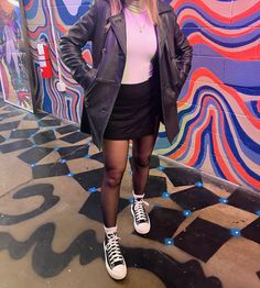 #blackandwhite #birthday #birthdayoutfit #ootd #fashion #converse #leatherjacketoutfit Black Skirt With Converse, Skirts With Converse, Tights And Sneakers, Orange Converse, Black Leather Converse, Hen Do Outfits, Leather Converse, Outfits With Converse