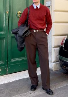 Academic Male Outfit, Red Collared Shirt Outfit, Romantic Academia Men, Vintage Business Casual Men, Men’s Formal Outfits, Prep Outfits Men, Iconic Mens Fashion, Red Formal Outfit Men, Mens Winter Fashion 2024