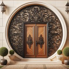 an ornate wooden door with two potted plants