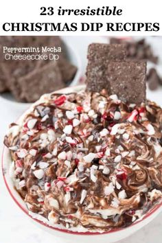 peppermint mocha cheesecake dip recipe in a white bowl with text overlay