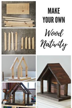 the steps to make your own wood nativity house with popsticks and glue