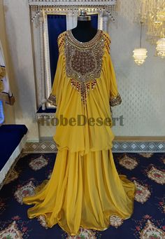 Goolden Yellow Designer Islamic Moroccan Caftan Fancy Maxi Dubai Farasha Wedding Kaftan Gown Arabian Takchita Caftan For Women Dress by TheRobeDesert on Etsy Diwali Gold Kaftan With Zari Work, Floor-length Georgette Kaftan For Eid, Yellow Kaftan For Wedding And Festivals, Gold Kaftan With Resham Embroidery For Diwali, Gold Resham Embroidered Kaftan For Diwali, Gold Resham Embroidery Kaftan For Diwali, Embellished Yellow Sharara For Eid, Eid Floor-length Kaftan With Dupatta, Georgette Kaftan With Dabka Work For Reception