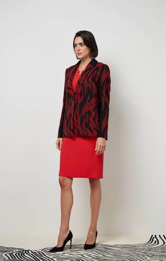 Join the fashion elite in this exquisite French jacquard cutaway party blazer that dazzles with its allover swirls of Chinese red, wine, and black, framed with solid black ponte knit trims. Luxury Winter, Carlisle, Fine Fabric, Fall Collections, Winter Collection, The Fashion, Solid Black, Red Wine, Shopping Outfit