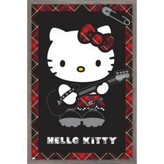 a hello kitty poster with a guitar in the middle and an image of a cat on it