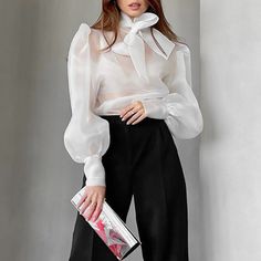 Mesh Sheer Puff Sleeve Bow Top White Chiffon Tops, Fishnet Top, Mesh Long Sleeve Top, Puff Sleeve Shirt, Mesh T Shirt, Mini Robes, White Chiffon, Loose Outfit, Mesh Long Sleeve