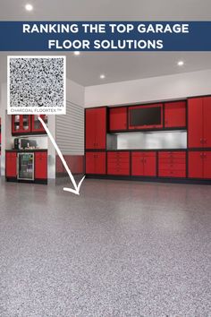 a garage floor with red cabinets and black counter tops that has the words ranking the top garage floor solution