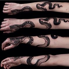 three different types of tattoos on both arms and legs, one with a snake in the middle