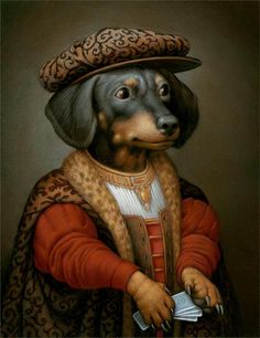 a dachshund dog dressed in an old fashion outfit with a hat on