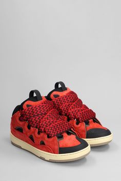 Curb Sneakers in red suede, round toe, contrast laces, logo on upper tongue, suede details, rubber outsole, Made in Portugal | Lanvin Women's Curb Sneakers in Red Suede | FW23/24 Lanvin Curb Sneakers, Parisian Chic, Red Suede, Luxury Retail, Lanvin, Luxury Handbags, Luxury Boutique, Me Too Shoes, Designer Shoes